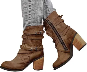 Women's Buckled Ankle Boots Classic Western Combat Boots Winter Warm Snow Boots Gothic Biker Slip on Boots Chelsea Boots with Block Heel Casual Shoes