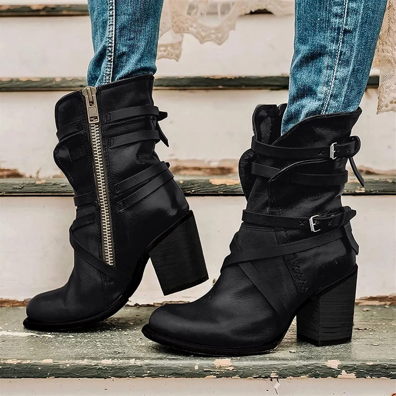 Women's Buckled Ankle Boots Classic Western Combat Boots Winter Warm Snow Boots Gothic Biker Slip on Boots Chelsea Boots with Block Heel Casual Shoes