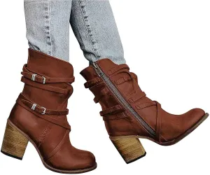 Women's Buckled Ankle Boots Classic Western Combat Boots Winter Warm Snow Boots Gothic Biker Slip on Boots Chelsea Boots with Block Heel Casual Shoes
