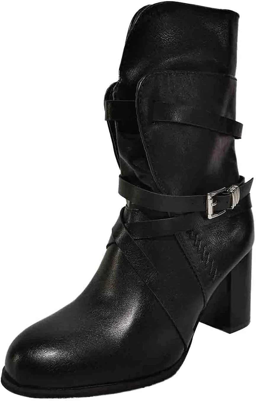 Women's Buckled Ankle Boots Classic Western Combat Boots Winter Warm Snow Boots Gothic Biker Slip on Boots Chelsea Boots with Block Heel Casual Shoes