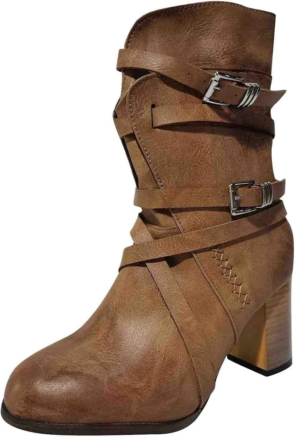 Women's Buckled Ankle Boots Classic Western Combat Boots Winter Warm Snow Boots Gothic Biker Slip on Boots Chelsea Boots with Block Heel Casual Shoes