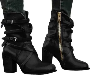 Women's Buckled Ankle Boots Classic Western Combat Boots Winter Warm Snow Boots Gothic Biker Slip on Boots Chelsea Boots with Block Heel Casual Shoes