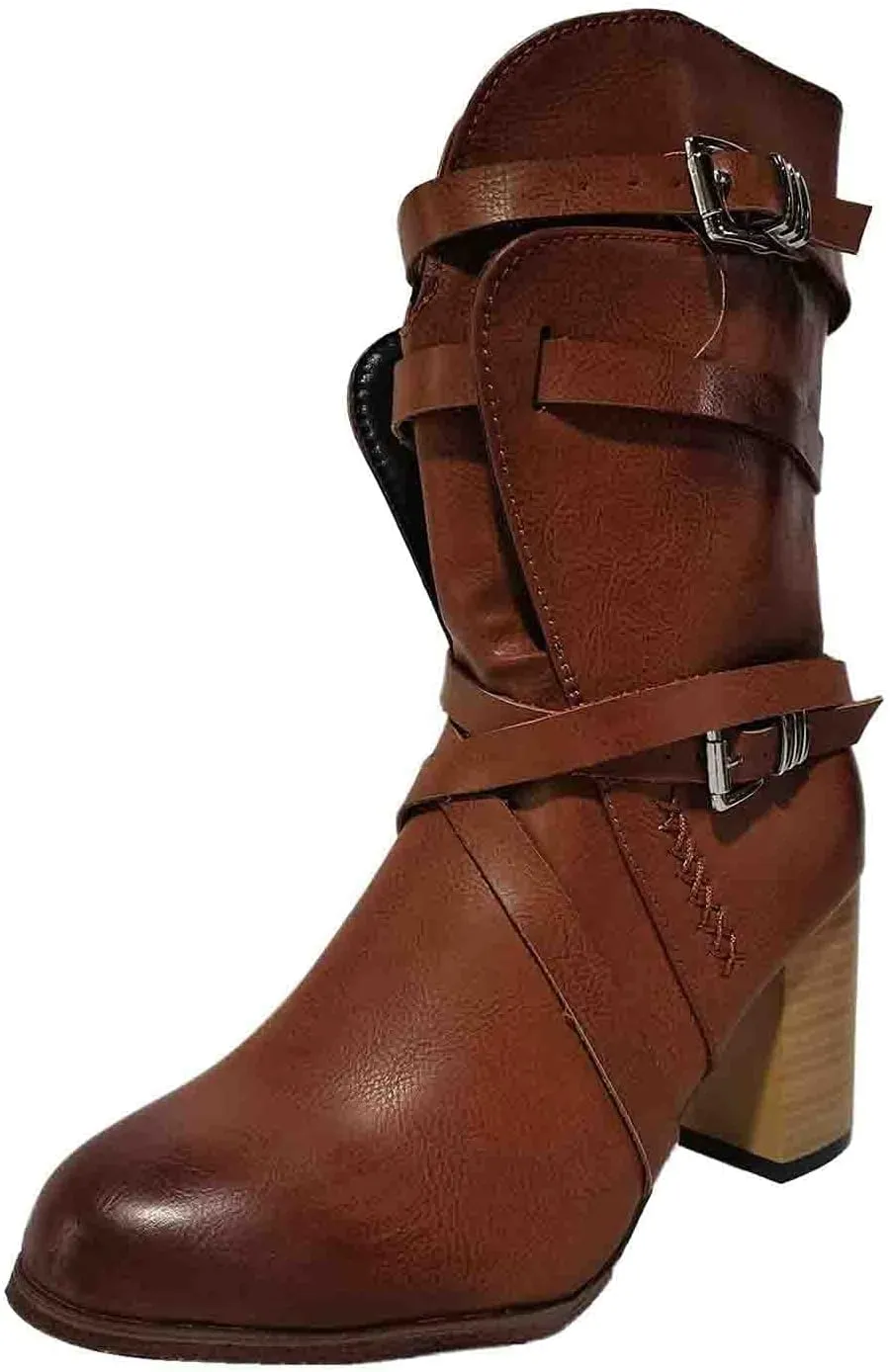 Women's Buckled Ankle Boots Classic Western Combat Boots Winter Warm Snow Boots Gothic Biker Slip on Boots Chelsea Boots with Block Heel Casual Shoes