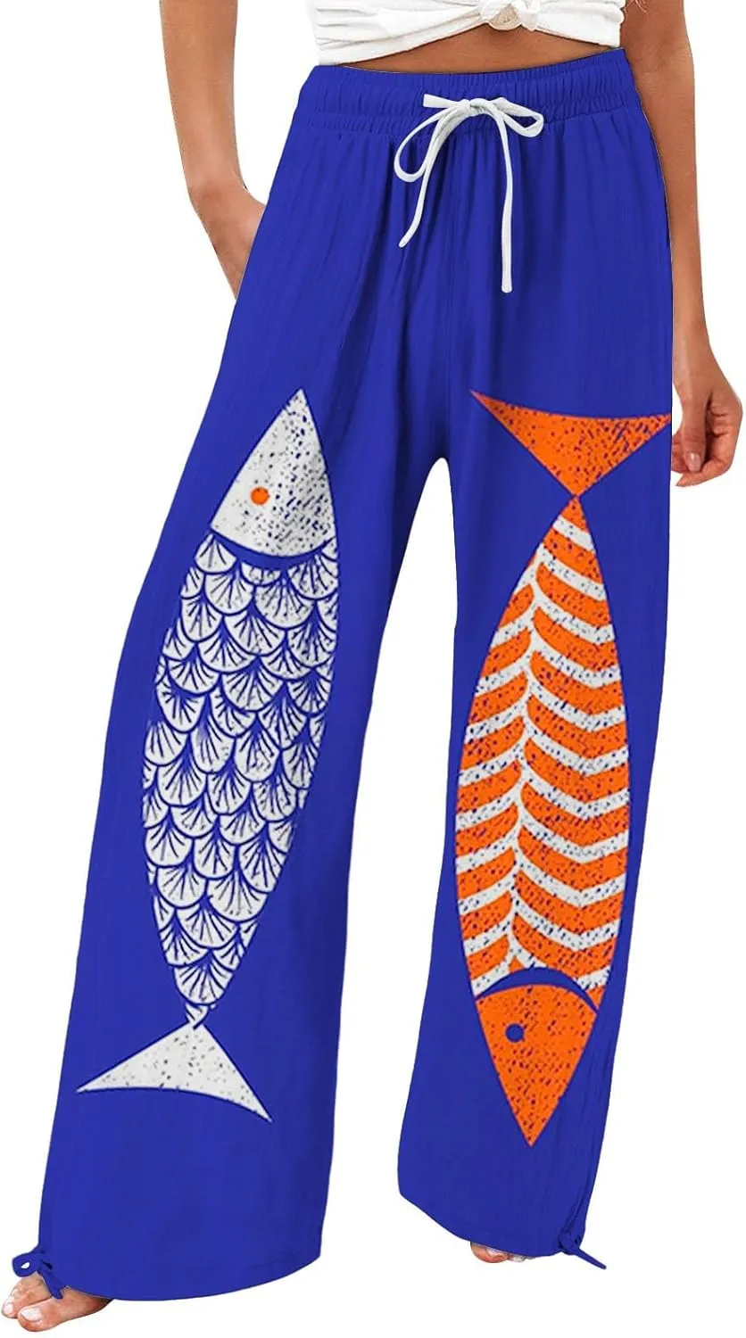 Women's Casual Pants Flower Pants Vintage Print Cotton Linen Pants Elastic Waisted Drawstring Summer Beach Baggy Trousers