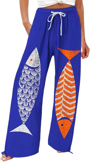 Women's Casual Pants Flower Pants Vintage Print Cotton Linen Pants Elastic Waisted Drawstring Summer Beach Baggy Trousers