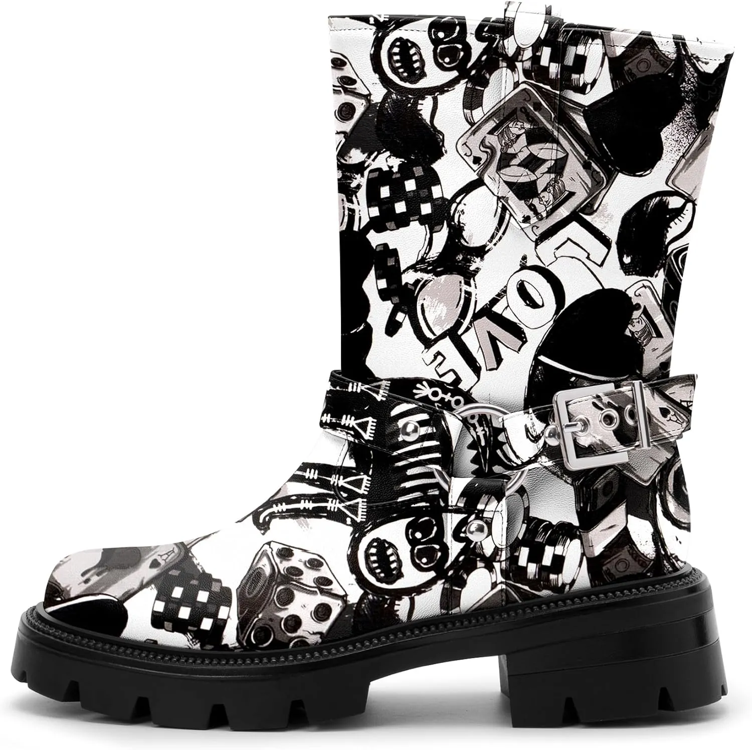 Women's Chunky Heel Round Toe Mid Calf Boots Buckle Strap Platform Biker Boots