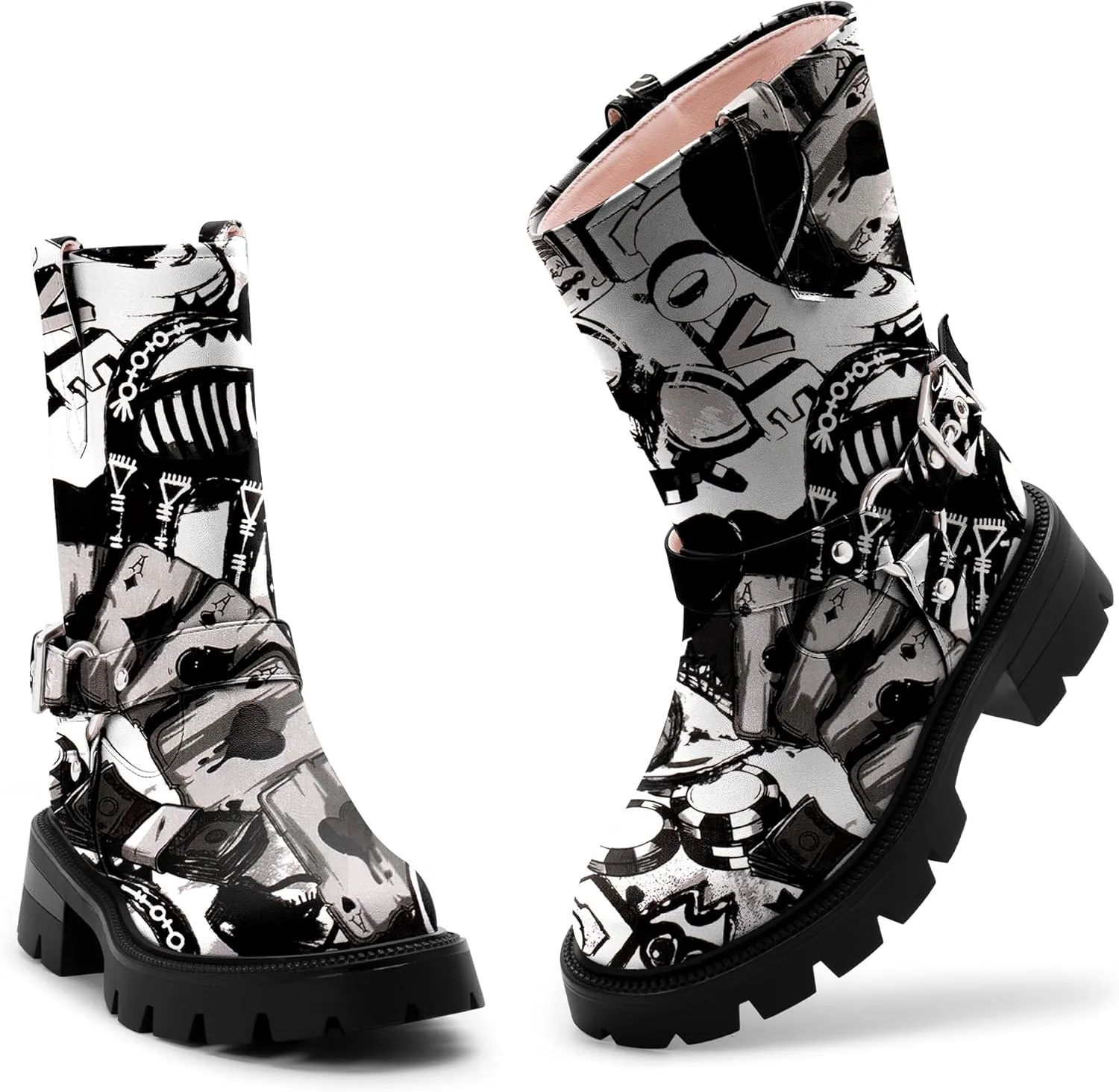 Women's Chunky Heel Round Toe Mid Calf Boots Buckle Strap Platform Biker Boots