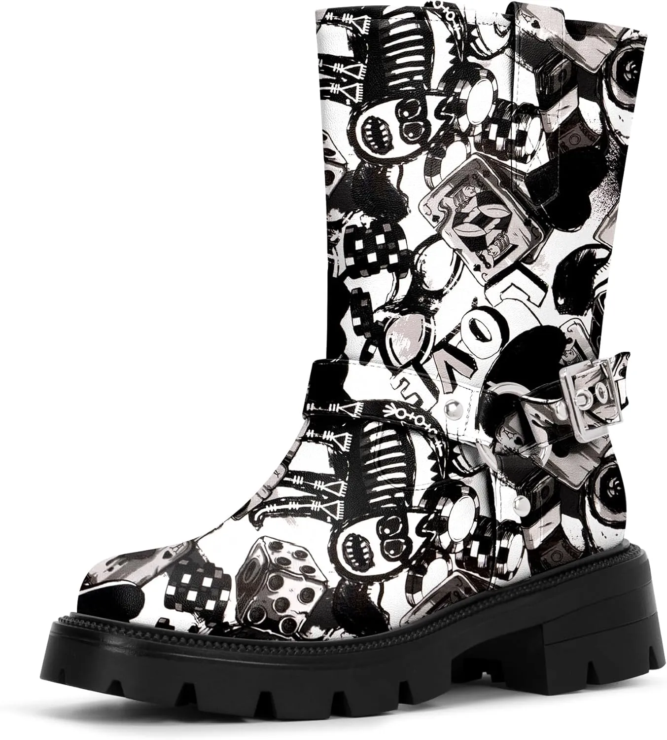 Women's Chunky Heel Round Toe Mid Calf Boots Buckle Strap Platform Biker Boots