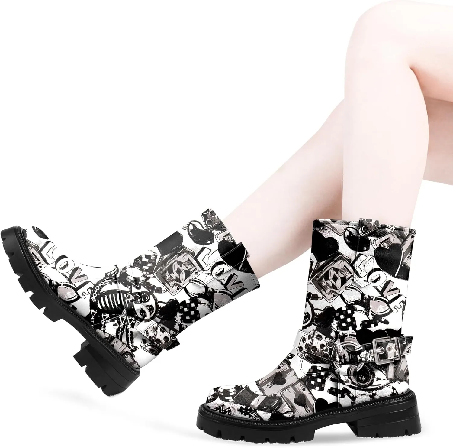Women's Chunky Heel Round Toe Mid Calf Boots Buckle Strap Platform Biker Boots