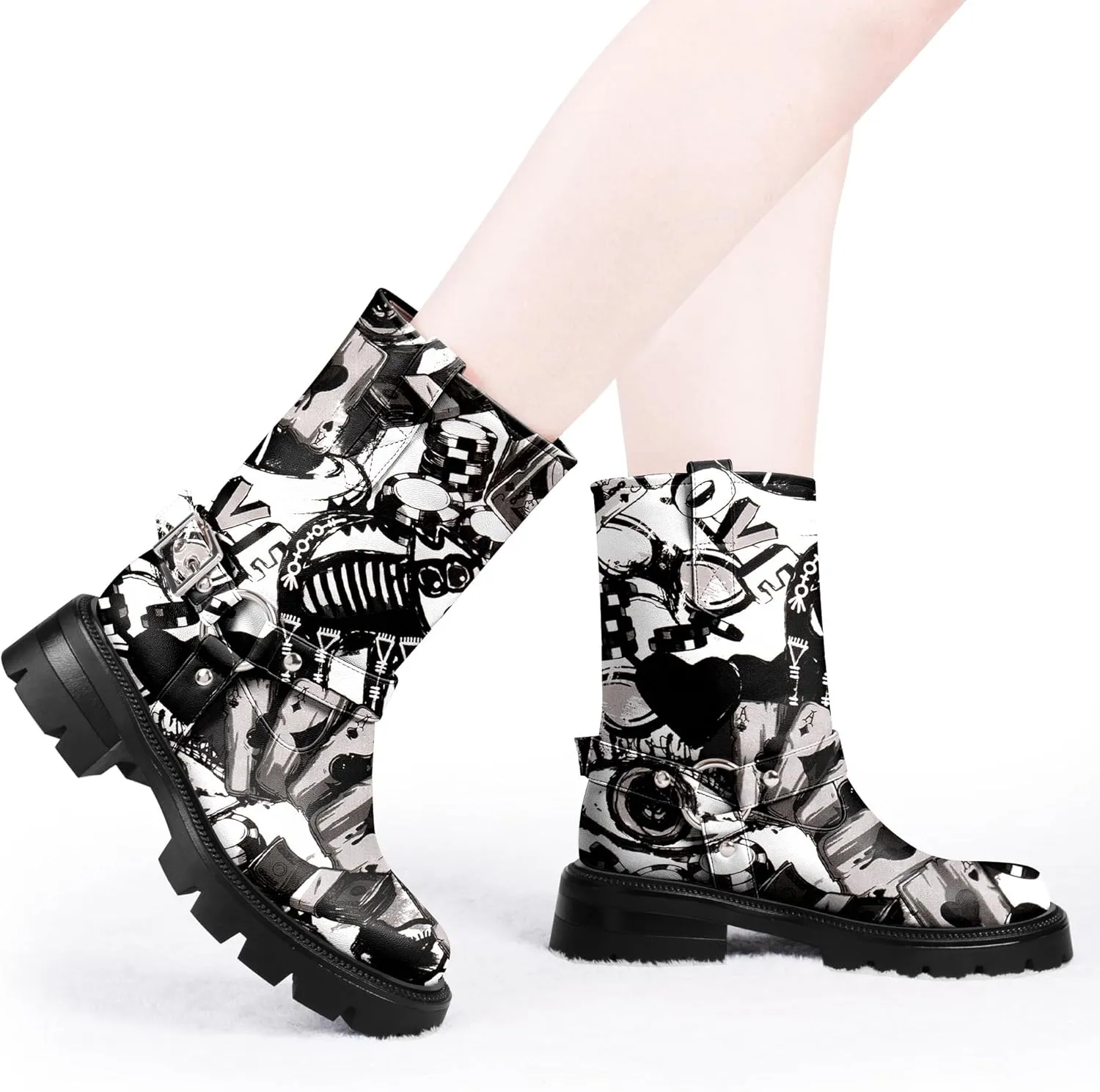 Women's Chunky Heel Round Toe Mid Calf Boots Buckle Strap Platform Biker Boots
