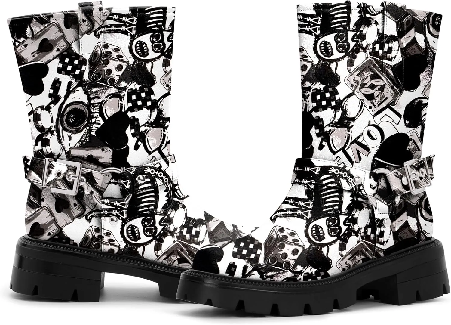 Women's Chunky Heel Round Toe Mid Calf Boots Buckle Strap Platform Biker Boots
