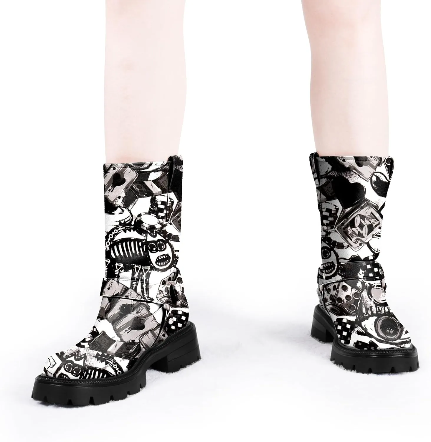 Women's Chunky Heel Round Toe Mid Calf Boots Buckle Strap Platform Biker Boots