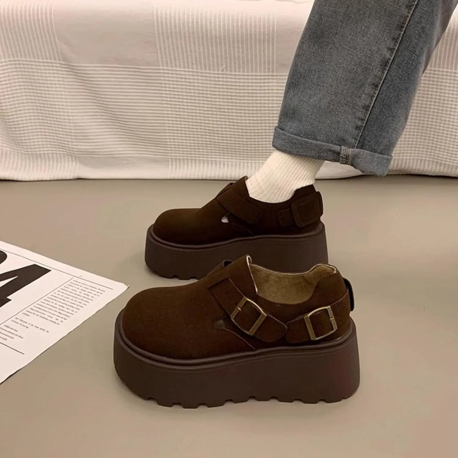 Women's Chunky Platform Suede Clogs - Comfortable Elevated Sandals with Memory Foam for Casual Outfits & Everyday Wear
