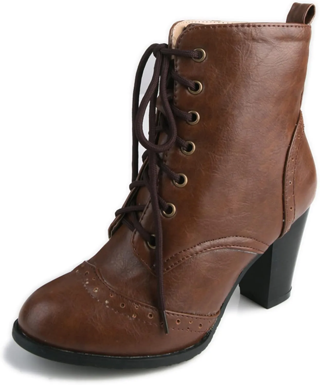Womens Comfort Block Heels Biker Boots Lace Up
