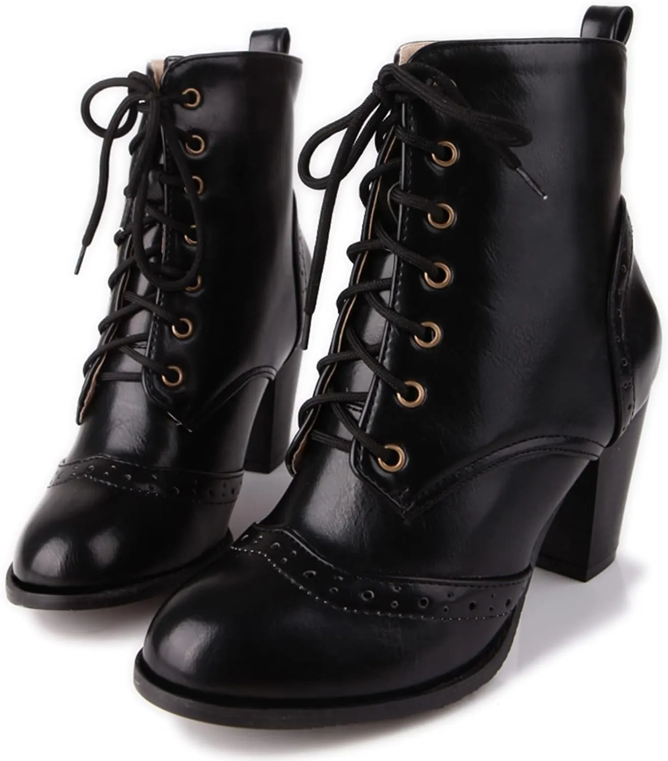 Womens Comfort Block Heels Biker Boots Lace Up