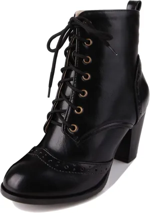 Womens Comfort Block Heels Biker Boots Lace Up