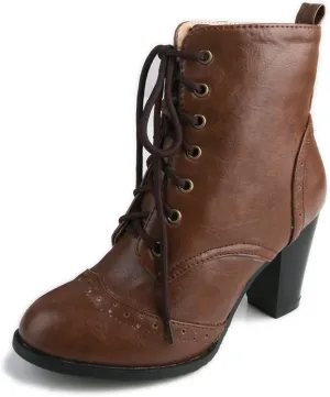 Womens Comfort Block Heels Biker Boots Lace Up