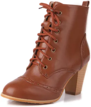 Womens Comfort Block Heels Biker Boots Lace Up