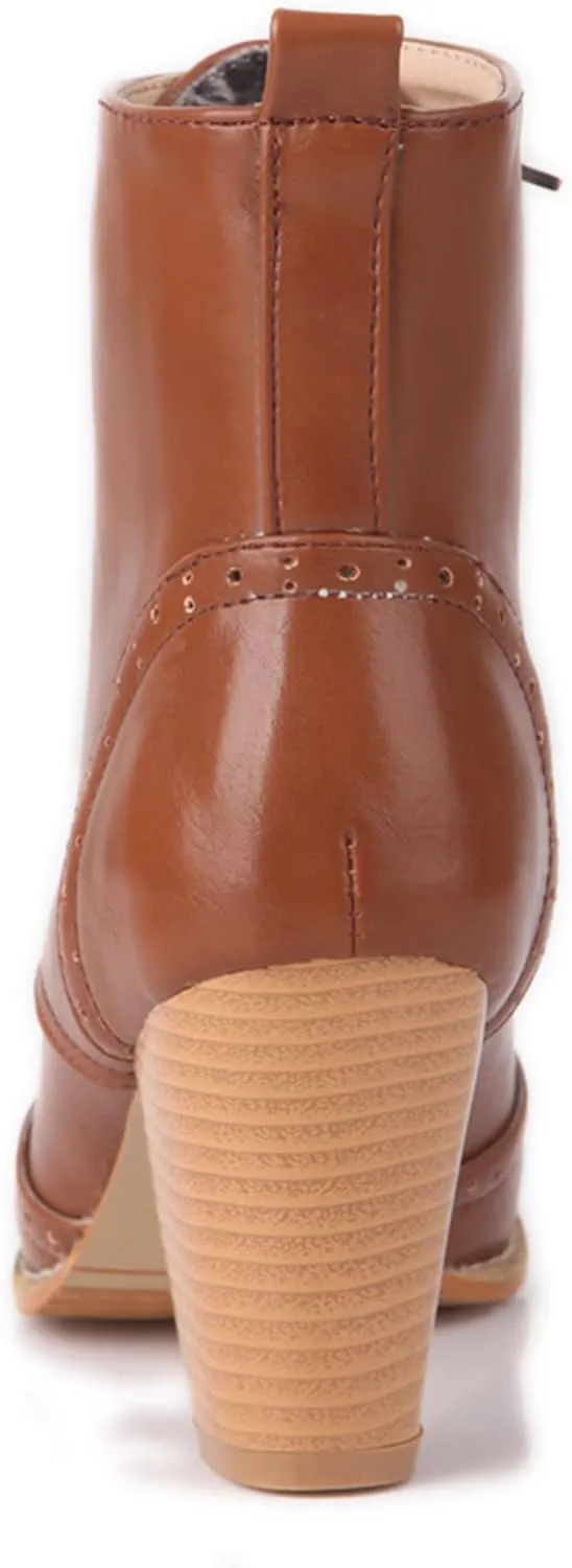 Womens Comfort Block Heels Biker Boots Lace Up