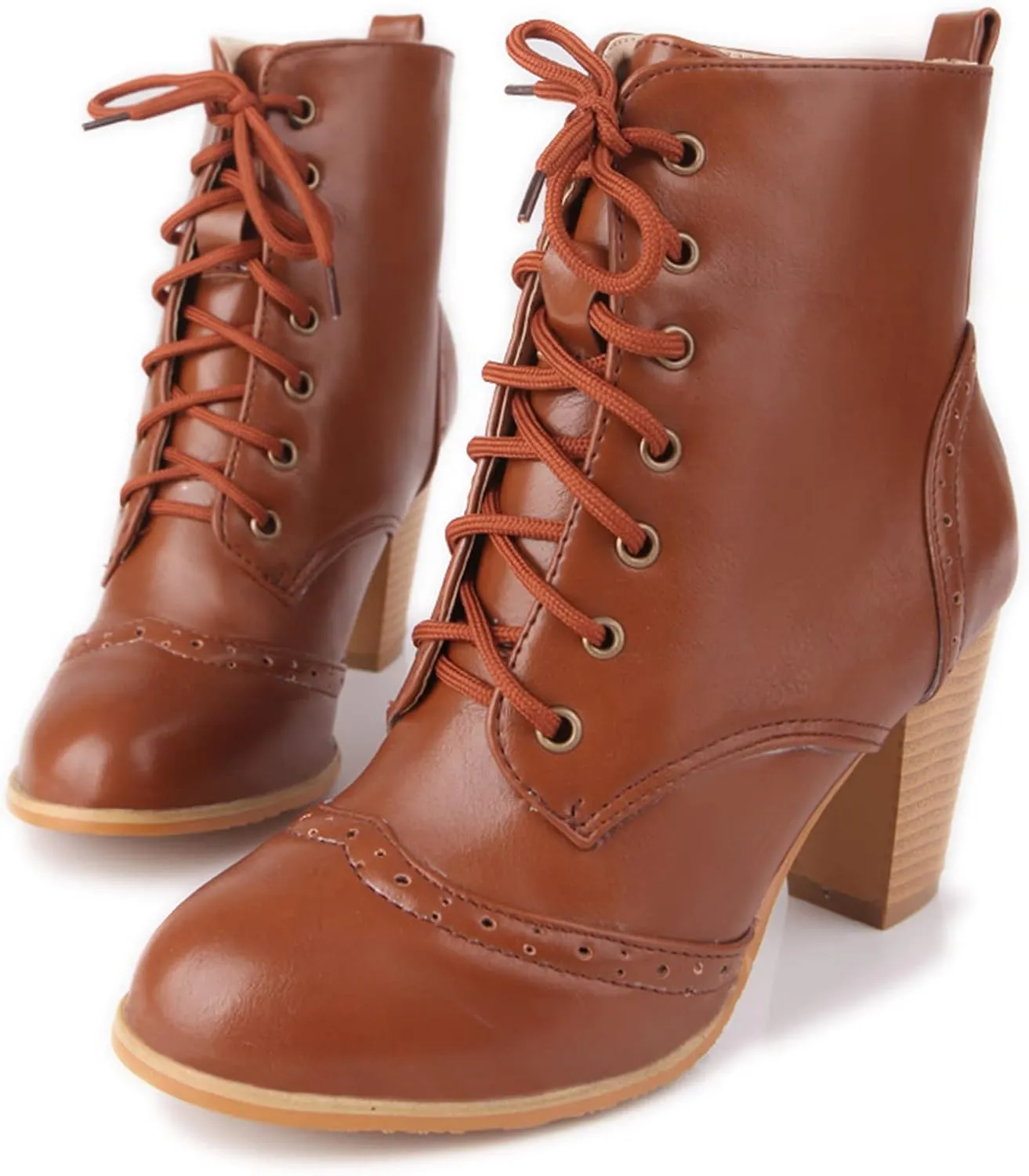 Womens Comfort Block Heels Biker Boots Lace Up