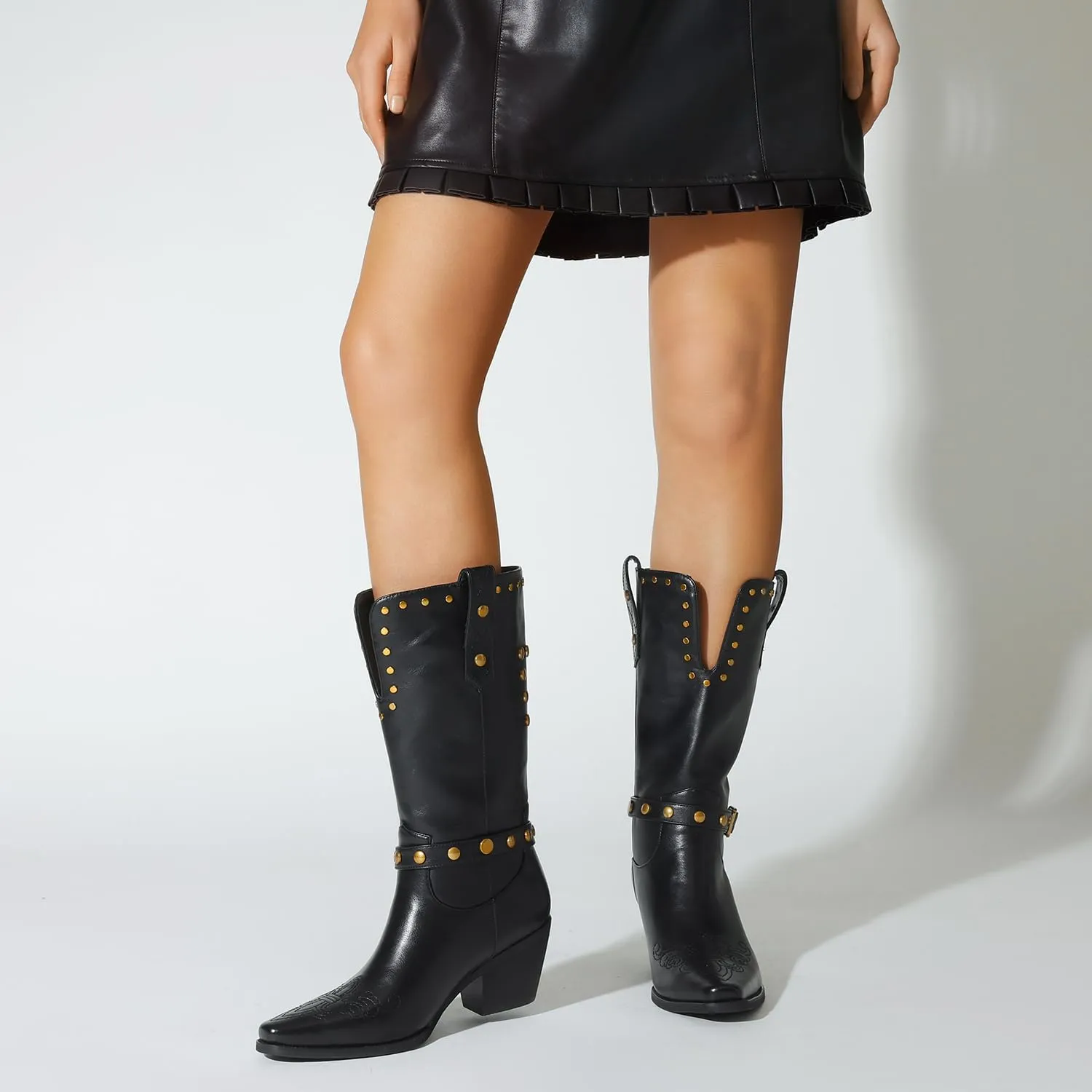 Womens Cowboy Cowgirl Boots Wide Mid Calf Square Toe Riding Boots Block Chunky Heel Low Heel Distressed Studded Boots