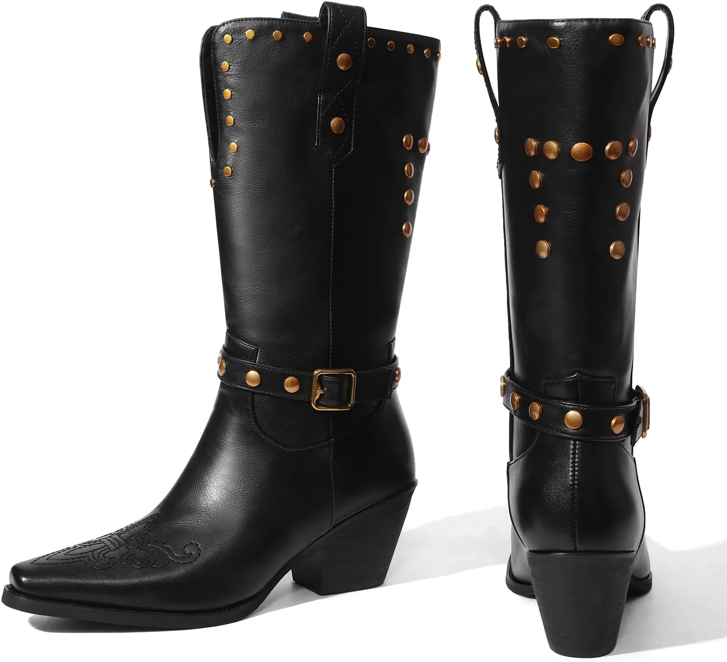 Womens Cowboy Cowgirl Boots Wide Mid Calf Square Toe Riding Boots Block Chunky Heel Low Heel Distressed Studded Boots