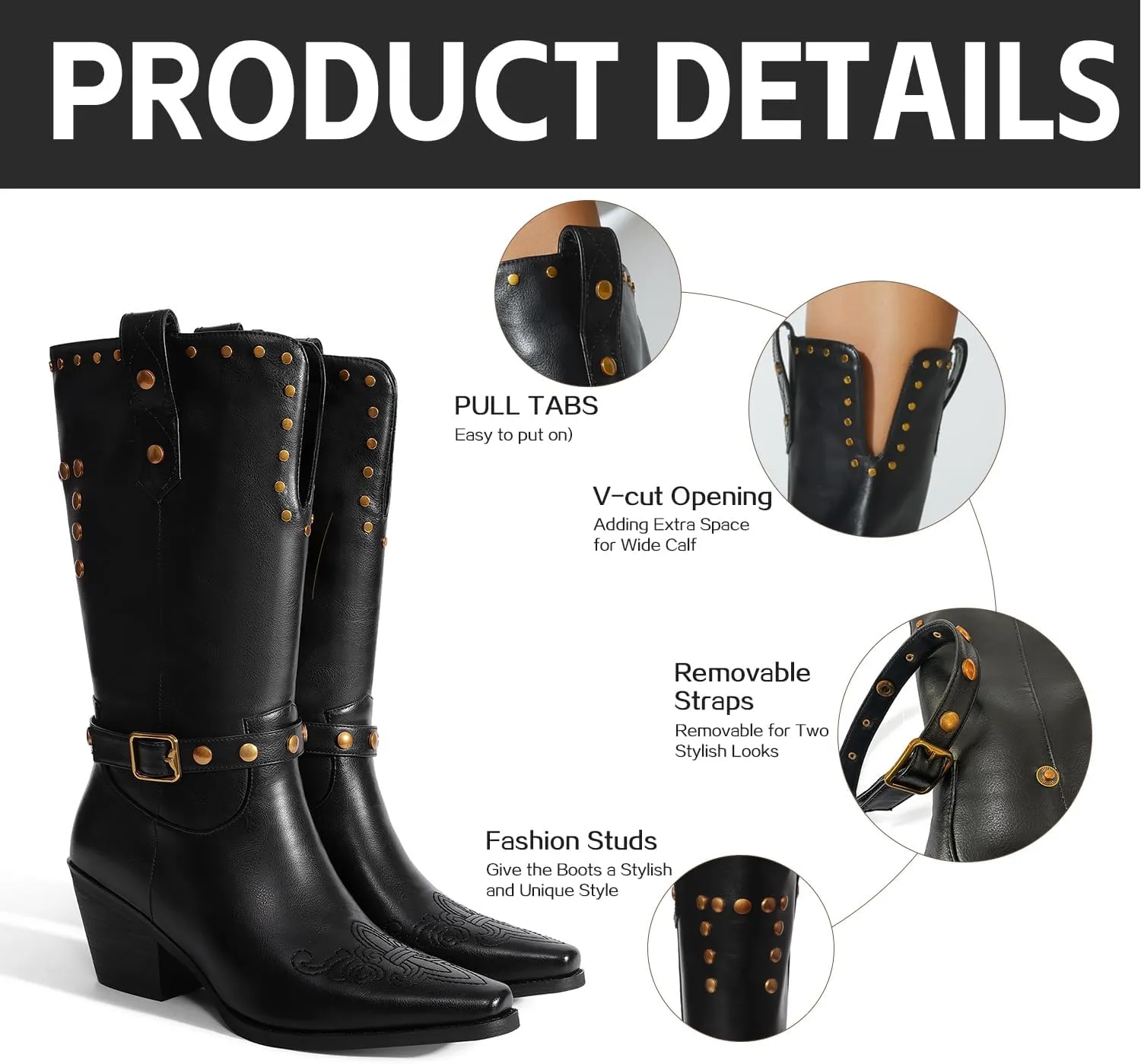 Womens Cowboy Cowgirl Boots Wide Mid Calf Square Toe Riding Boots Block Chunky Heel Low Heel Distressed Studded Boots