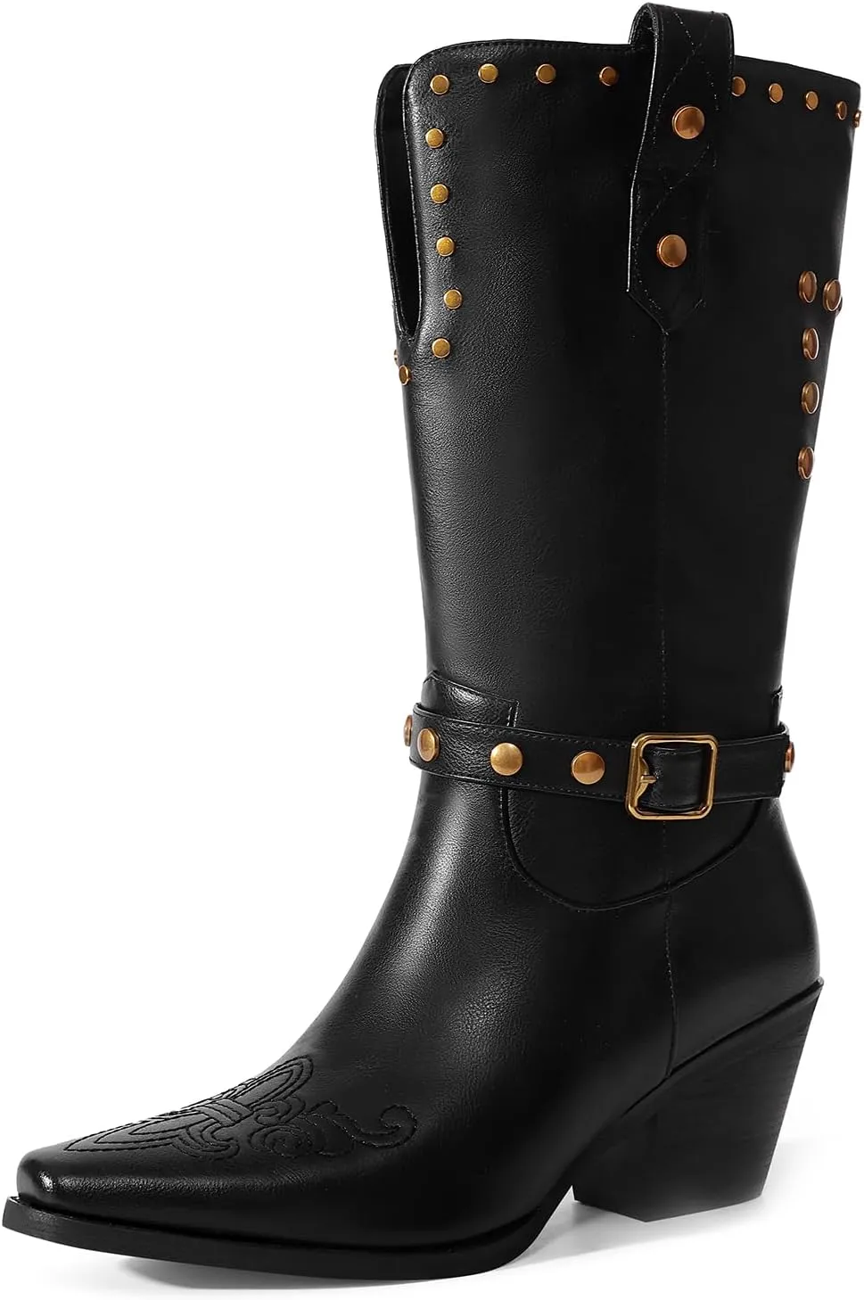 Womens Cowboy Cowgirl Boots Wide Mid Calf Square Toe Riding Boots Block Chunky Heel Low Heel Distressed Studded Boots