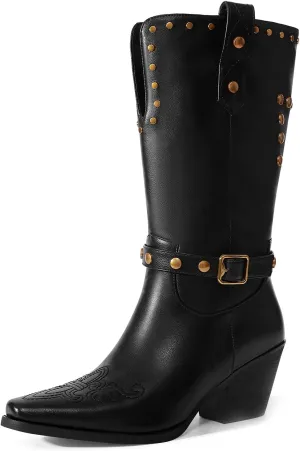 Womens Cowboy Cowgirl Boots Wide Mid Calf Square Toe Riding Boots Block Chunky Heel Low Heel Distressed Studded Boots