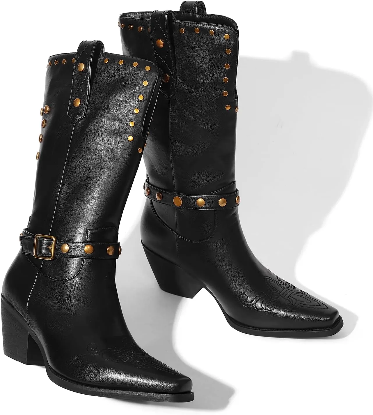 Womens Cowboy Cowgirl Boots Wide Mid Calf Square Toe Riding Boots Block Chunky Heel Low Heel Distressed Studded Boots