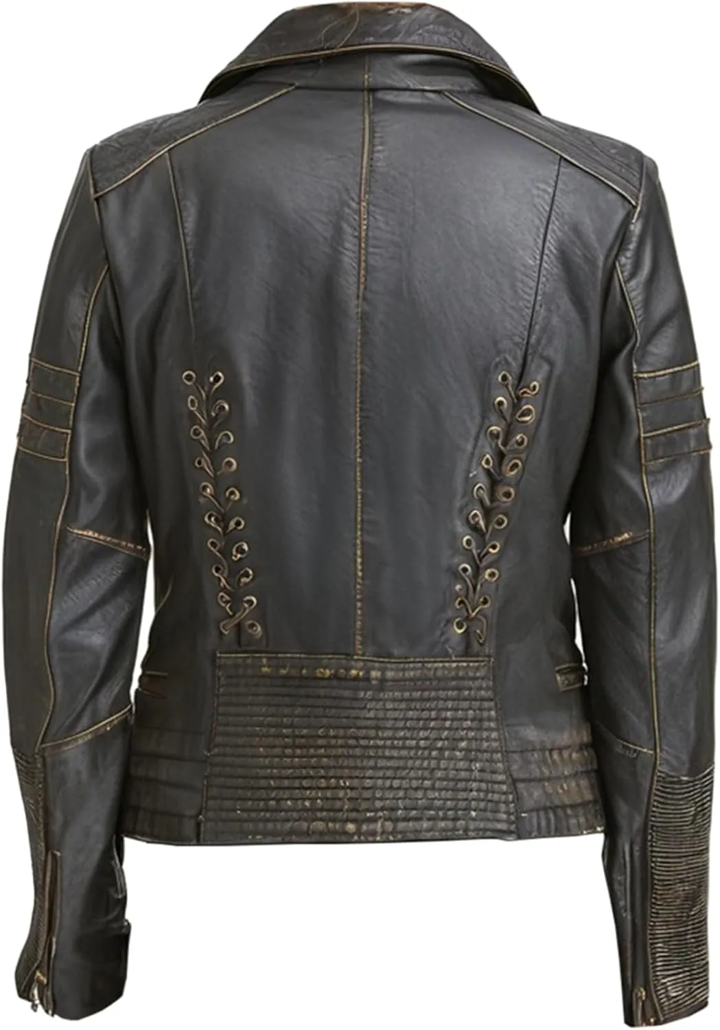Womens Distressed Black Leather Jacket - Real Lambskin with Golden Shaded Border