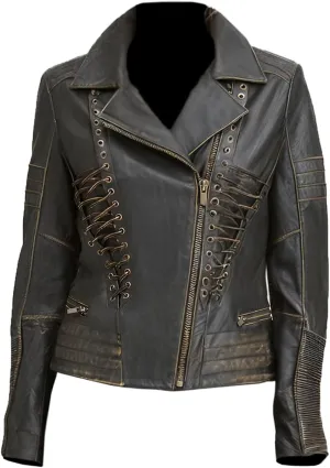 Womens Distressed Black Leather Jacket - Real Lambskin with Golden Shaded Border