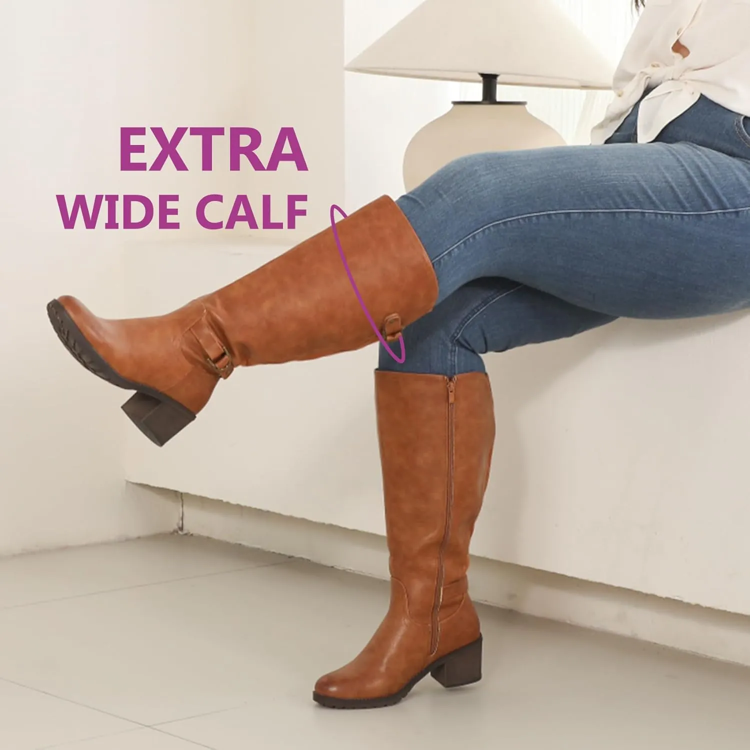 Women's Extra Wide Calf Knee High Riding Boots with Block Heel and Decorated Double Buckle