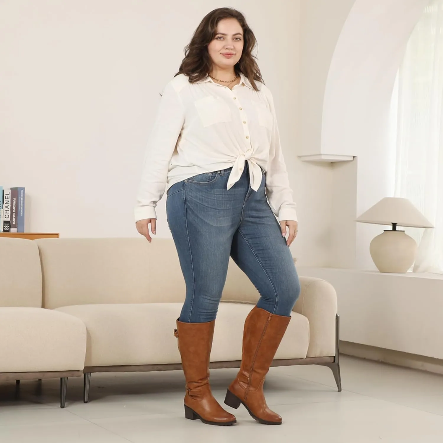 Women's Extra Wide Calf Knee High Riding Boots with Block Heel and Decorated Double Buckle