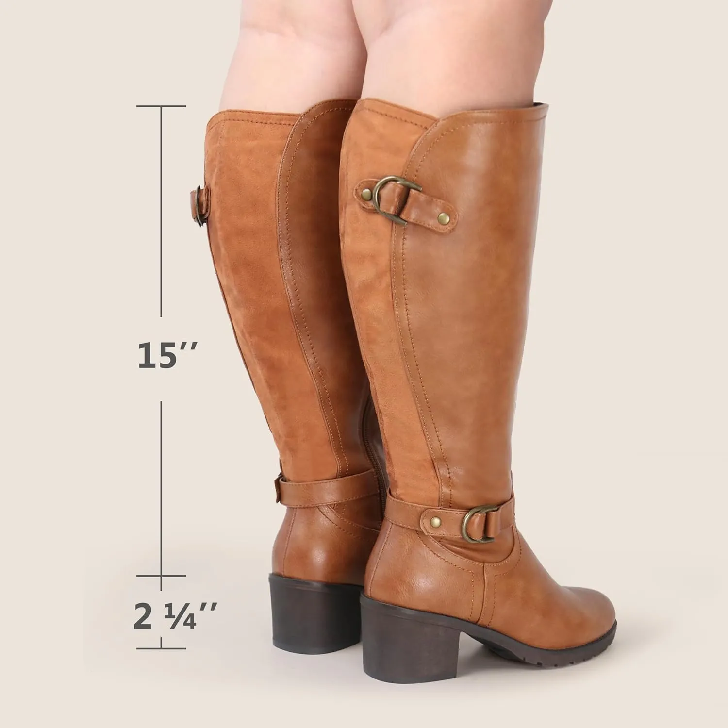 Women's Extra Wide Calf Knee High Riding Boots with Block Heel and Decorated Double Buckle