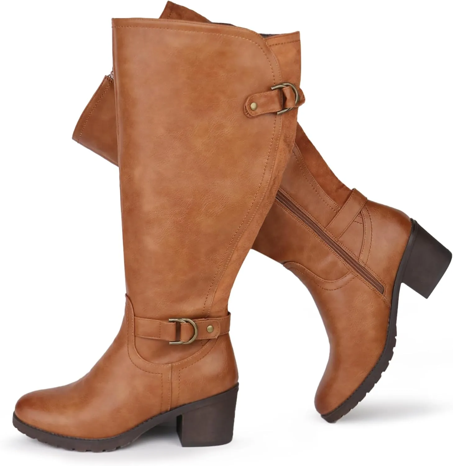 Women's Extra Wide Calf Knee High Riding Boots with Block Heel and Decorated Double Buckle