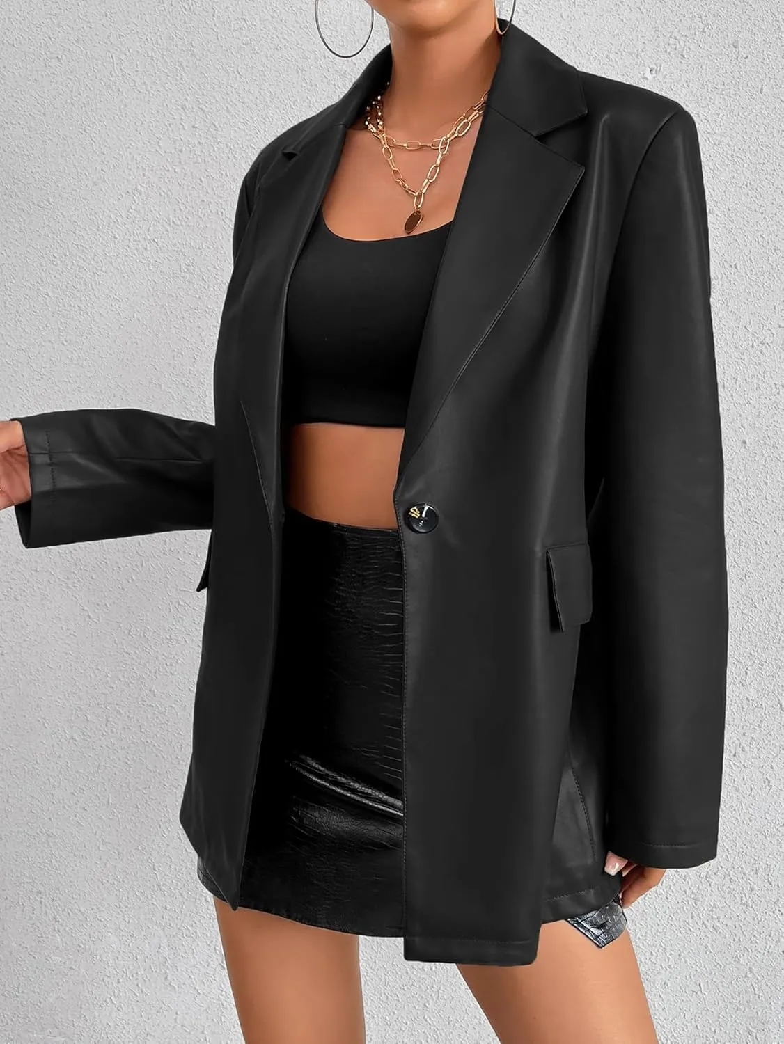 Womens Faux Leather Blazer Jacket Moto Biker Coat Long Sleeves Button Fashion Coats