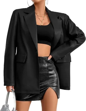 Womens Faux Leather Blazer Jacket Moto Biker Coat Long Sleeves Button Fashion Coats
