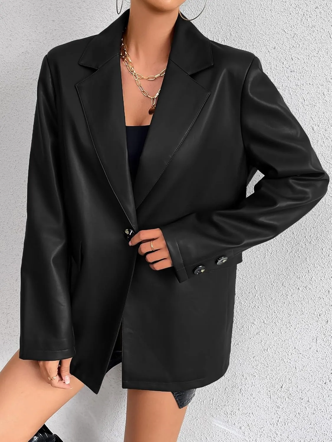 Womens Faux Leather Blazer Jacket Moto Biker Coat Long Sleeves Button Fashion Coats