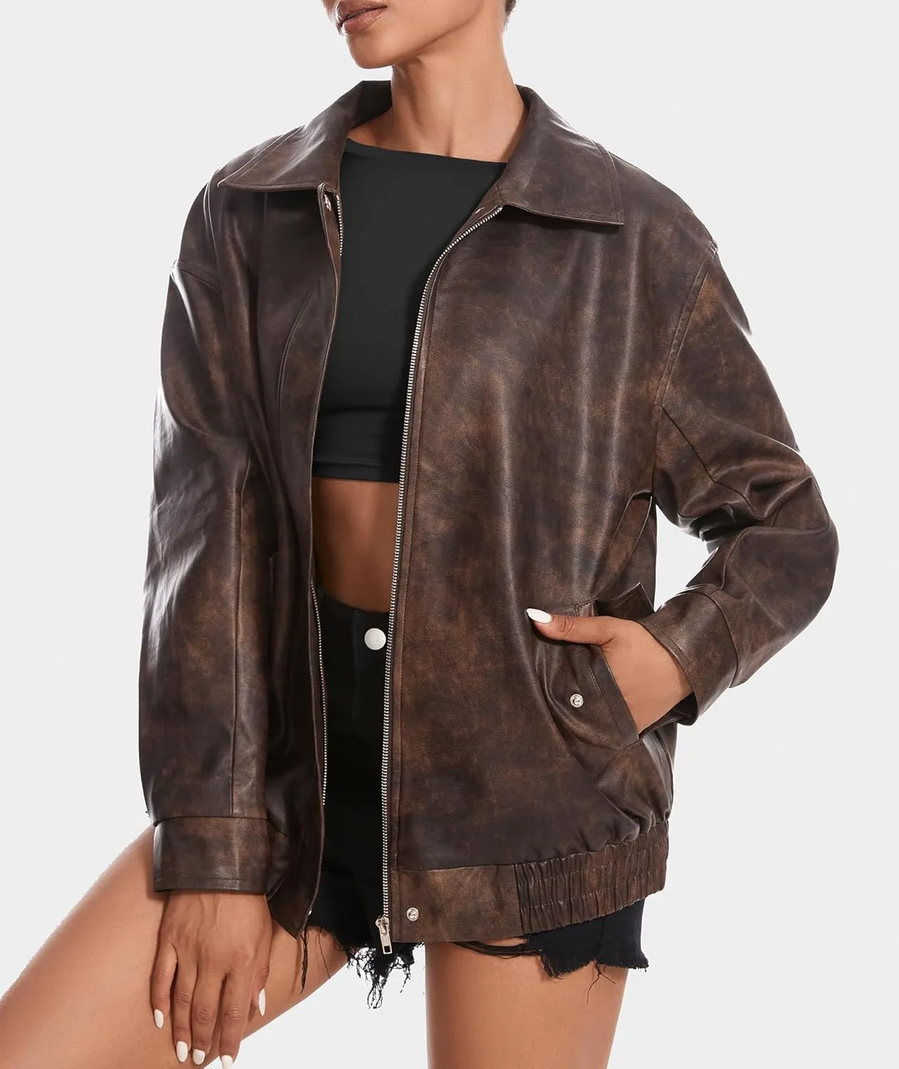 Women's Faux Leather Jackets Long Sleeve Zipper Oversized Motorcycle Biker Coat Trendy Travel Casual Outfits