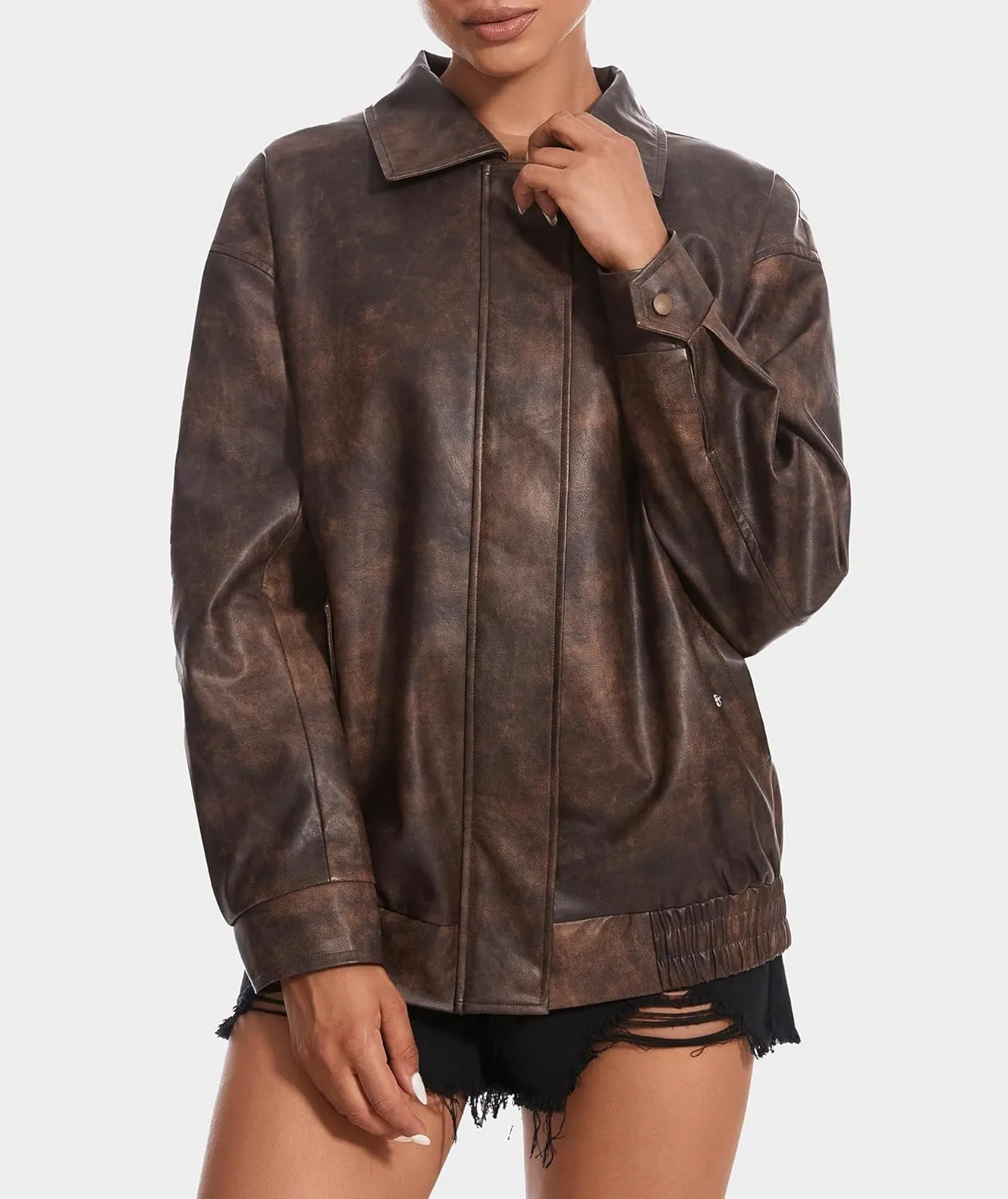 Women's Faux Leather Jackets Long Sleeve Zipper Oversized Motorcycle Biker Coat Trendy Travel Casual Outfits