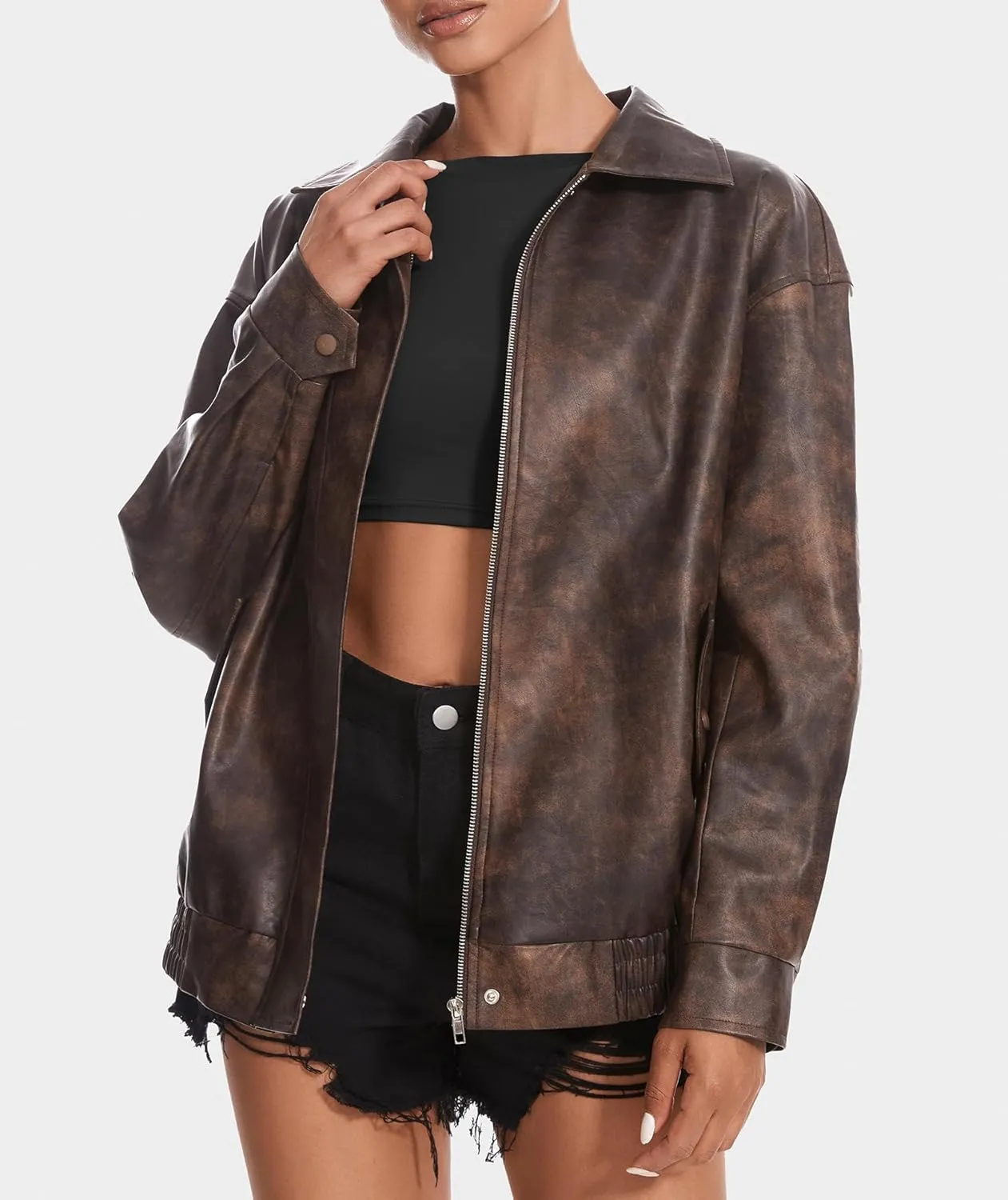 Women's Faux Leather Jackets Long Sleeve Zipper Oversized Motorcycle Biker Coat Trendy Travel Casual Outfits