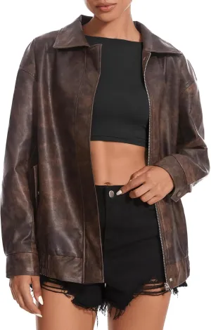 Women's Faux Leather Jackets Long Sleeve Zipper Oversized Motorcycle Biker Coat Trendy Travel Casual Outfits
