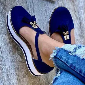 Women's Flatform Sandals Soft Sole Comfy Flats Platform Tassels Canvas Shoes Closed Toe Sandal Summer Casual Suede Loafers,Blue,US5/EU36