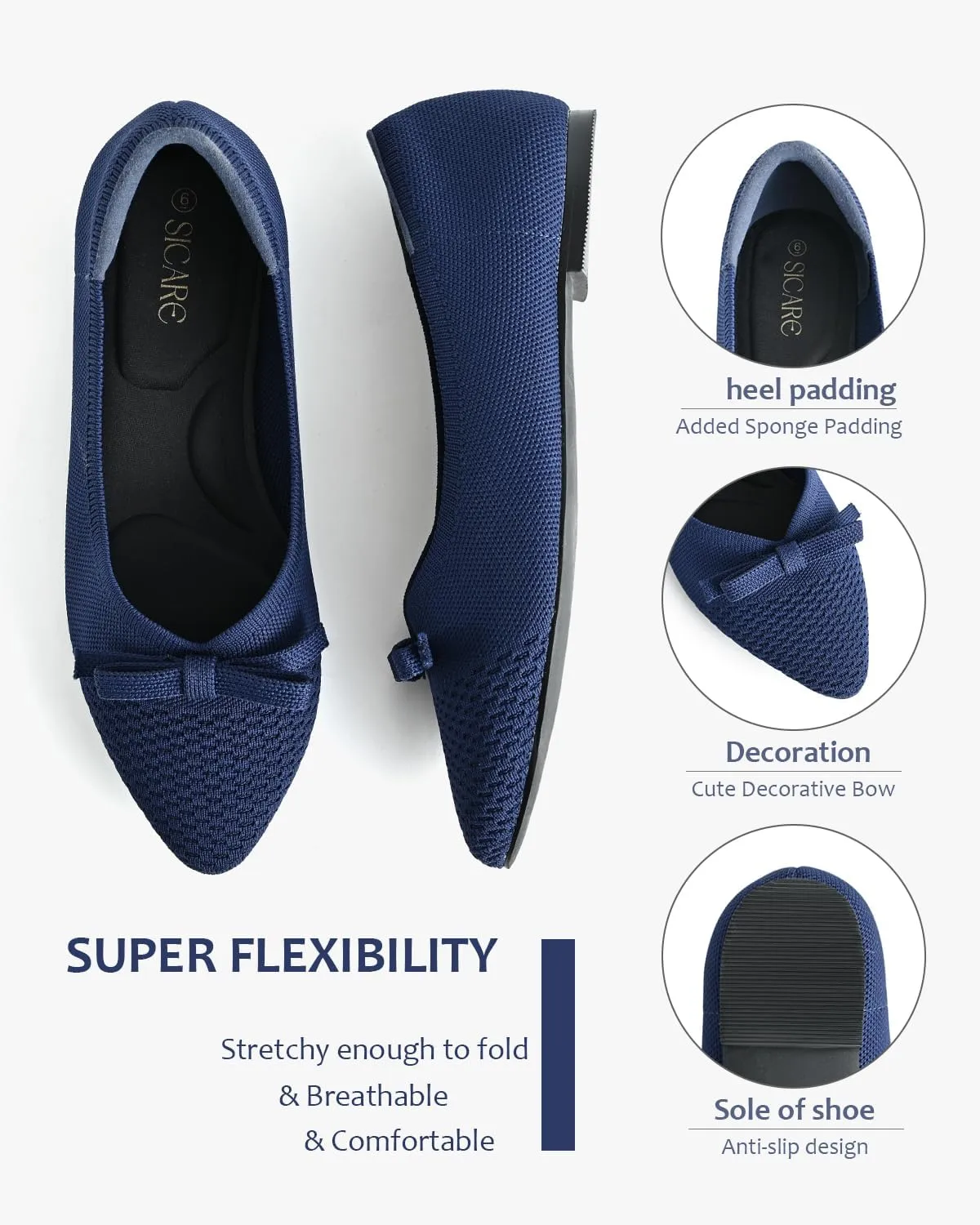 Women's Flats Bow Knit Ballet Flats Round Toe Comfortable Flats Dress Shoes Slip on Casual Dressy Flats for Office Work Foldable Soft Shoes Walking Flats