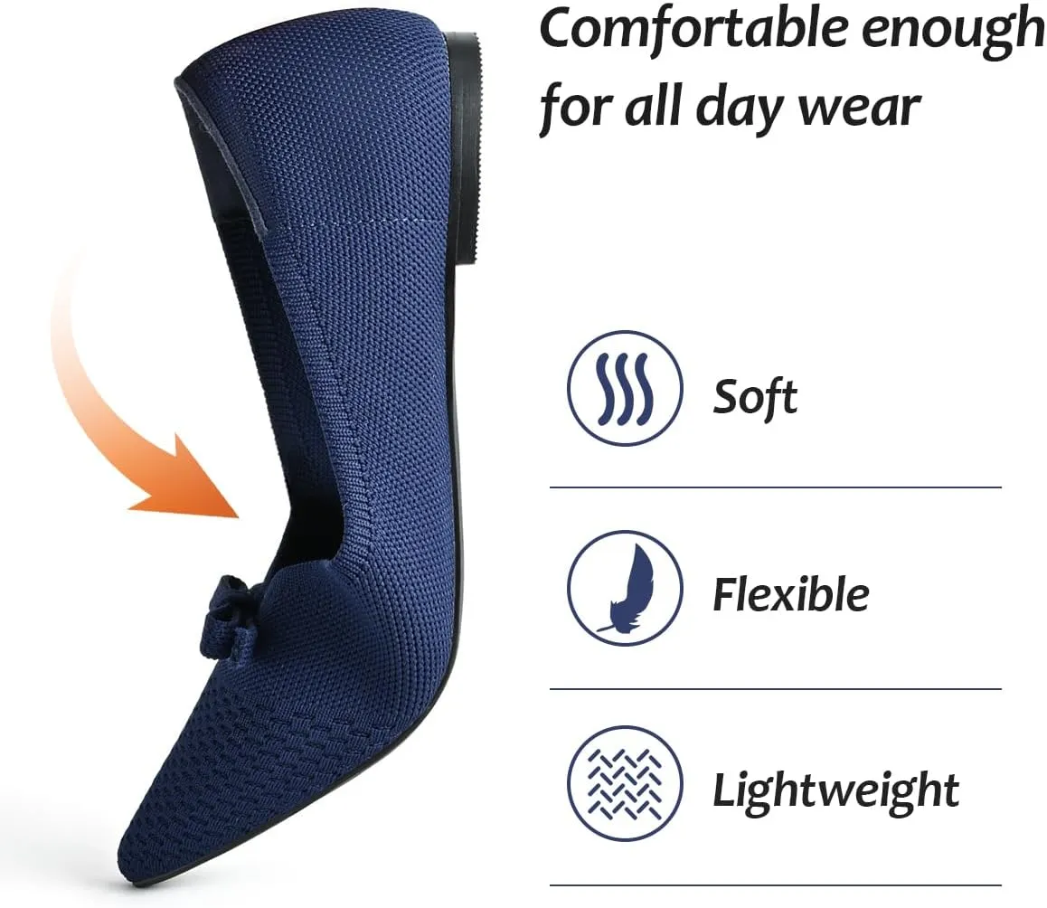 Women's Flats Bow Knit Ballet Flats Round Toe Comfortable Flats Dress Shoes Slip on Casual Dressy Flats for Office Work Foldable Soft Shoes Walking Flats