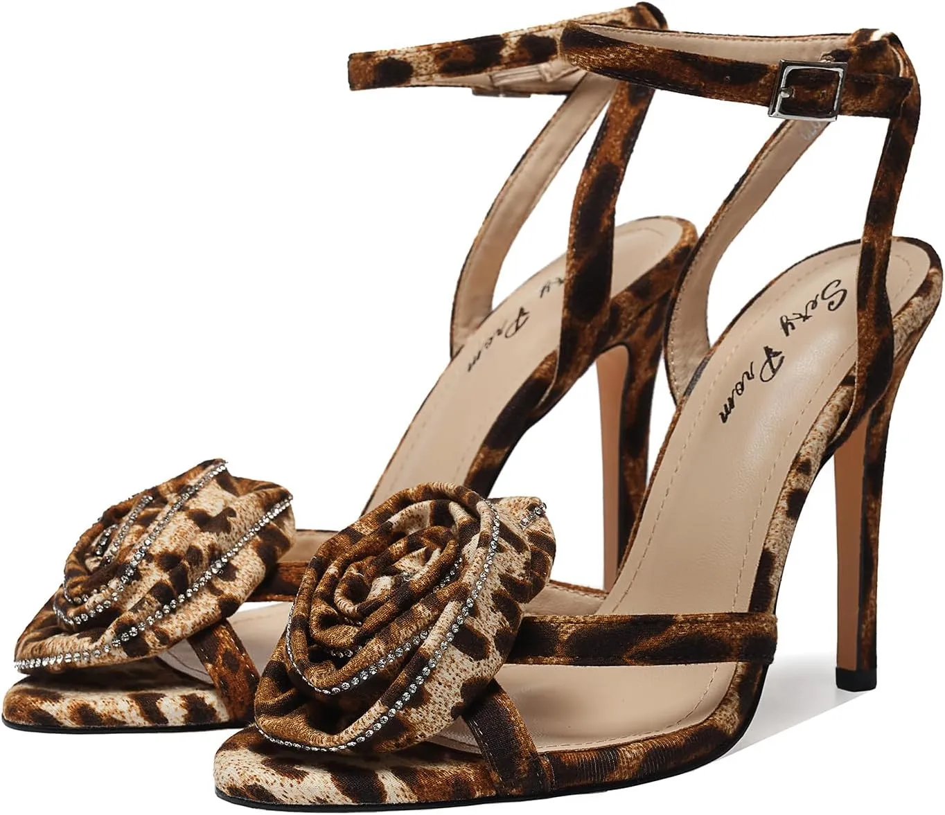 Women's Floral Rose & Rhinestone Ankle Strap 4.3IN Stiletto Heel Sandals Open Toe Wedding Party Nightclub Shoes