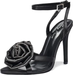 Women's Floral Rose & Rhinestone Ankle Strap 4.3IN Stiletto Heel Sandals Open Toe Wedding Party Nightclub Shoes