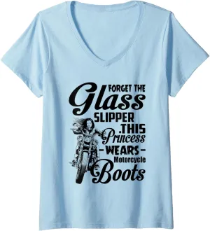 Womens Forget Glass Slipper This Princess Wears Motorcycle Boots V-Neck T-Shirt