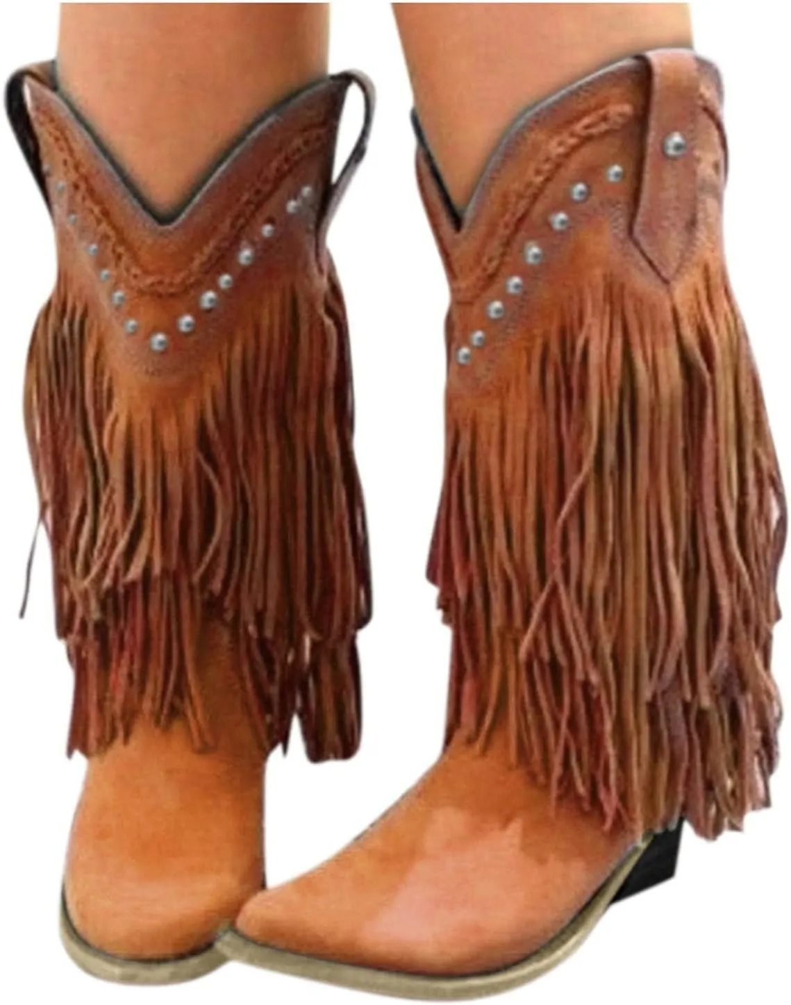 Women's Fringe Western Boots Wide Calf Riding Cowgirl Cowboy Boots Wide Calf Vintage Fringe Tassel Square Toe Mid Heels Western Cowgirls Knee High Booties